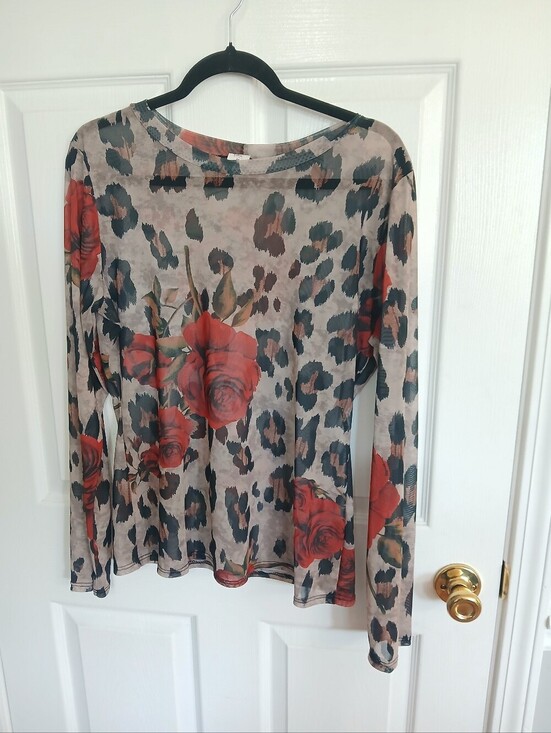 Like Love Tops - Sheer Floral Leopard Long-Sleeve Top - Red Roses Whimsigoth Fairy Grunge Boho